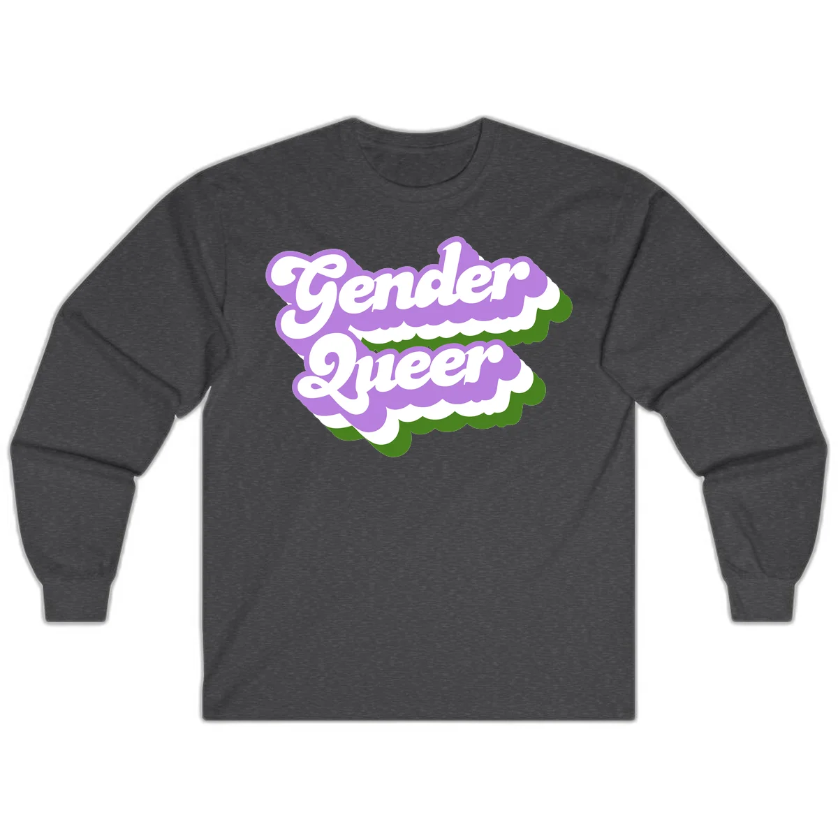 Retro-style gender queer pride design with white text and purple-green scalloped shapes in Dark Heather