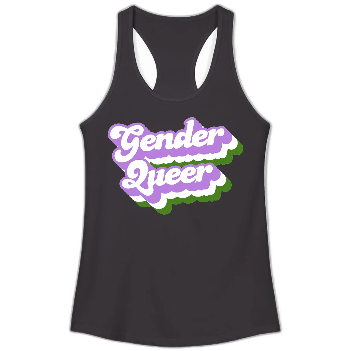 Retro-style gender queer pride design with white text and purple-green scalloped shapes in Black