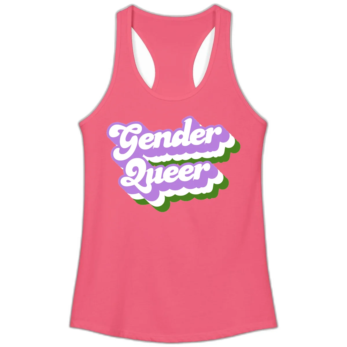 Retro-style gender queer pride design with white text and purple-green scalloped shapes in Hot Pink
