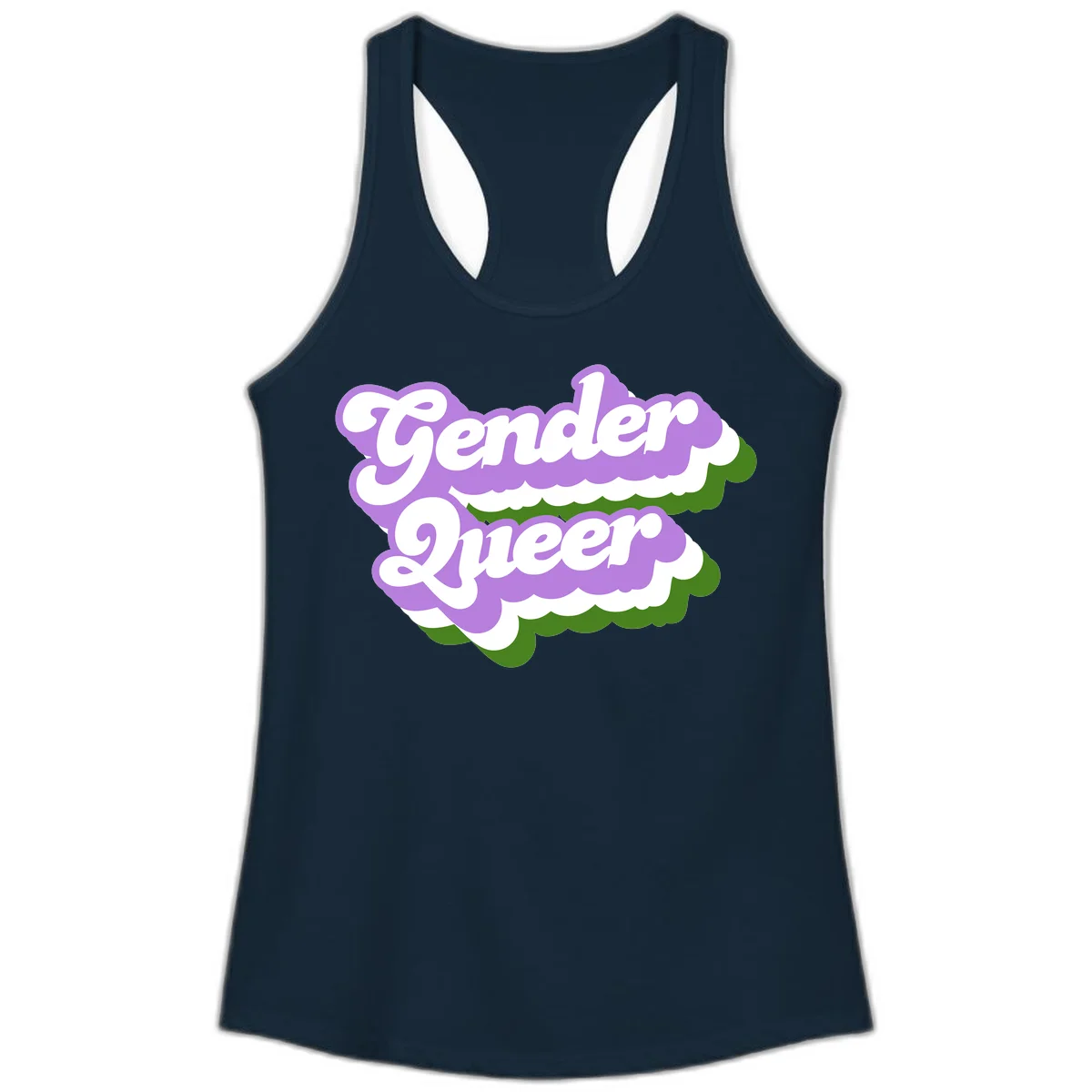 Retro-style gender queer pride design with white text and purple-green scalloped shapes in Solid Midnight Navy