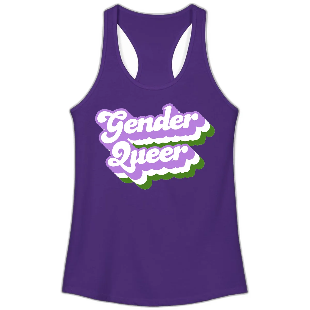 Retro-style gender queer pride design with white text and purple-green scalloped shapes in Solid Purple Rush