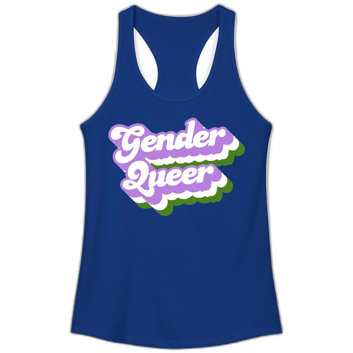 Retro-style gender queer pride design with white text and purple-green scalloped shapes in Solid Royal