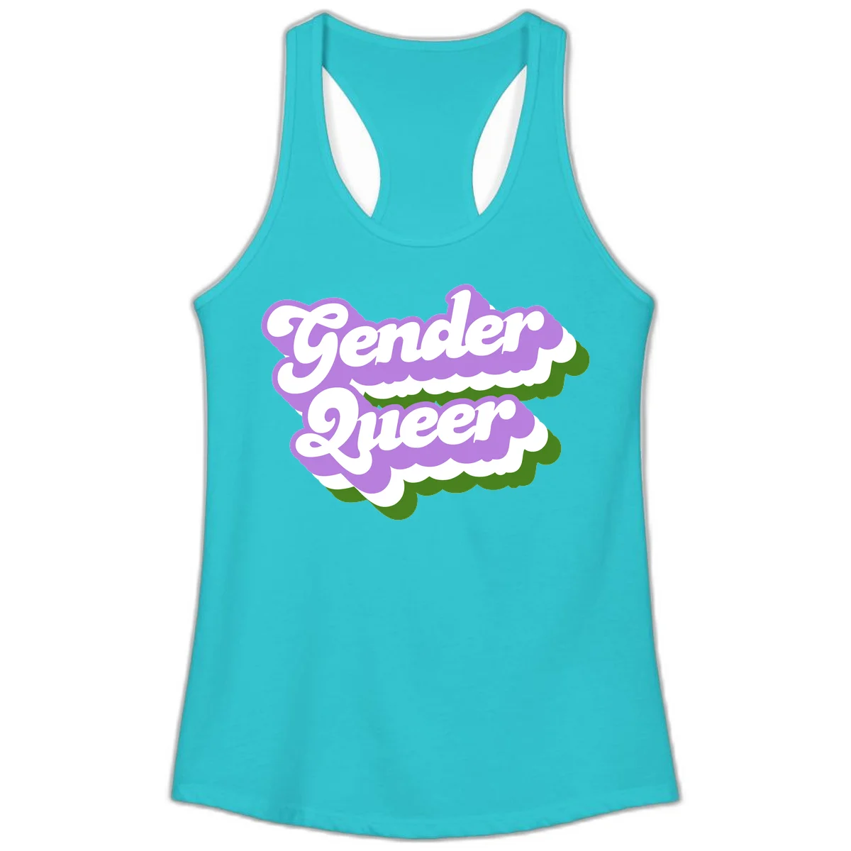 Retro-style gender queer pride design with white text and purple-green scalloped shapes in Solid Tahiti Blue