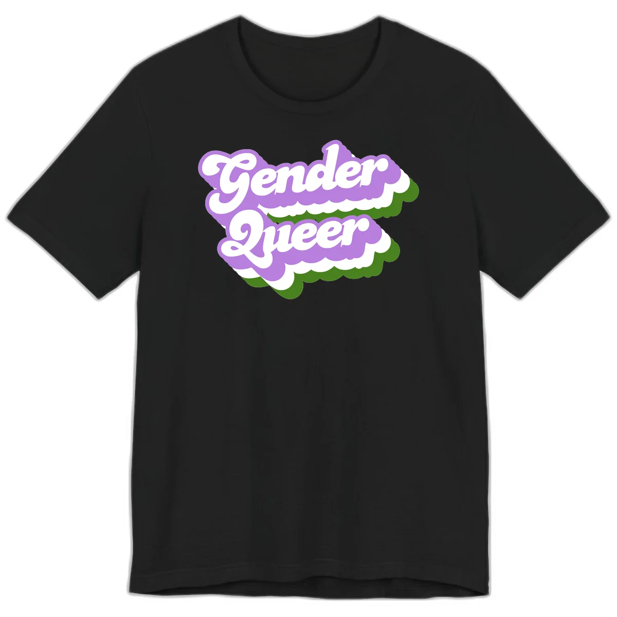 Retro-style gender queer pride design with white text and purple-green scalloped shapes in Black