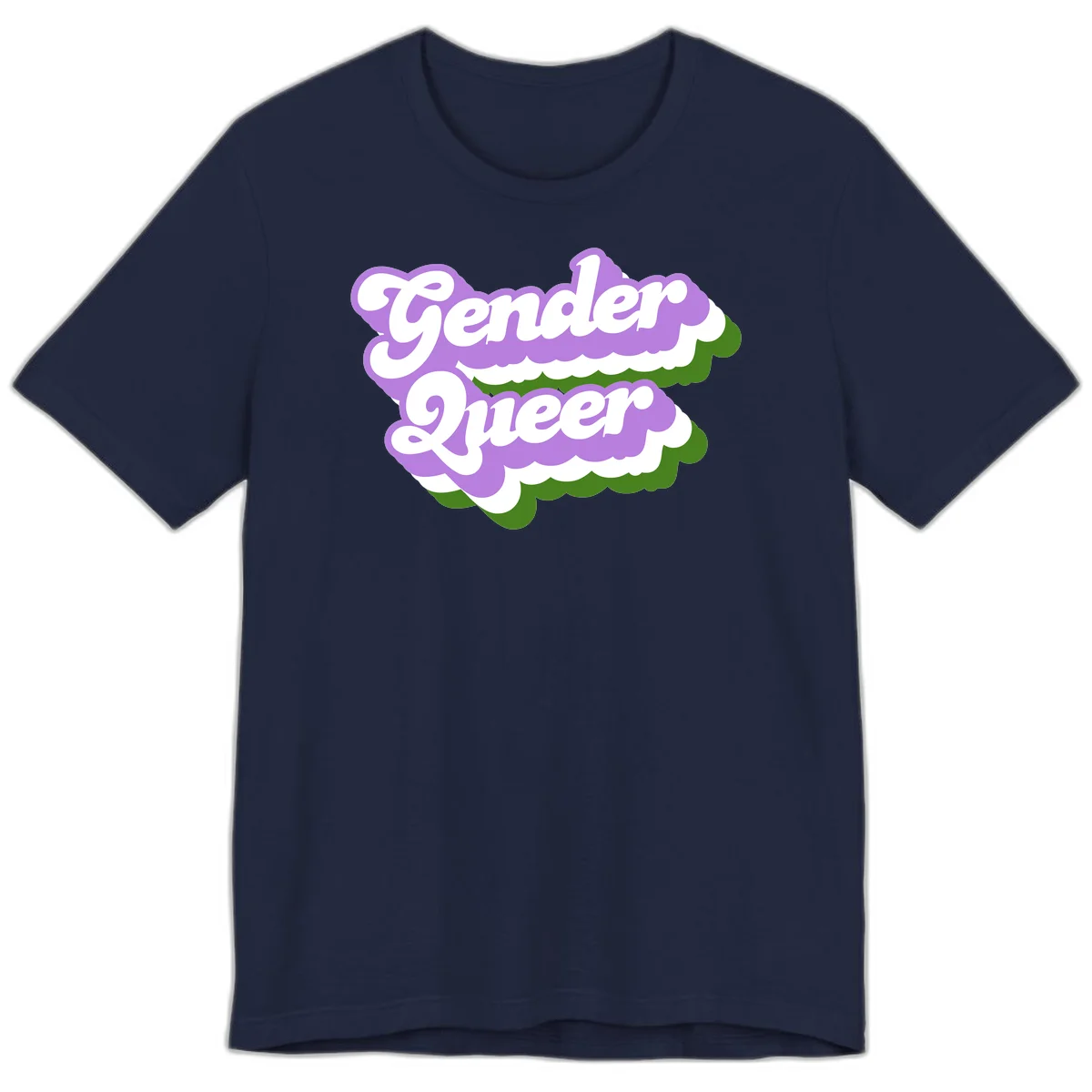 Retro-style gender queer pride design with white text and purple-green scalloped shapes in Navy
