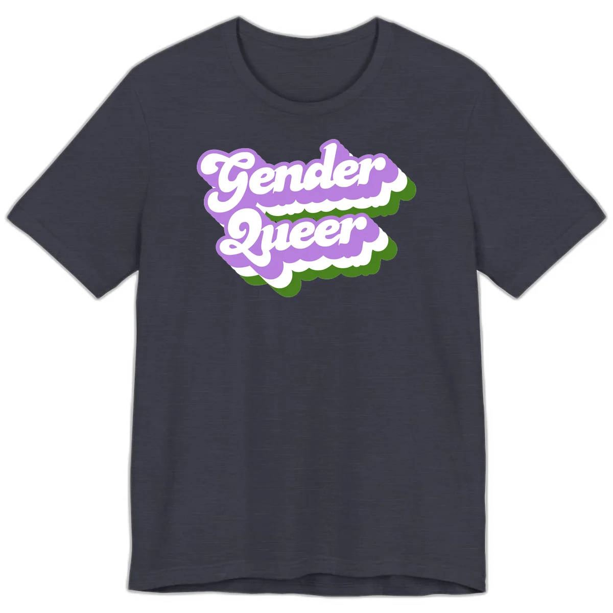 Retro-style gender queer pride design with white text and purple-green scalloped shapes in Heather Midnight Navy