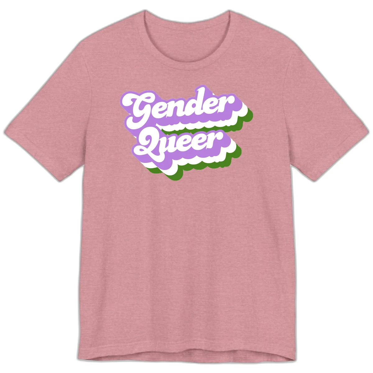 Retro-style gender queer pride design with white text and purple-green scalloped shapes in Heather Orchid