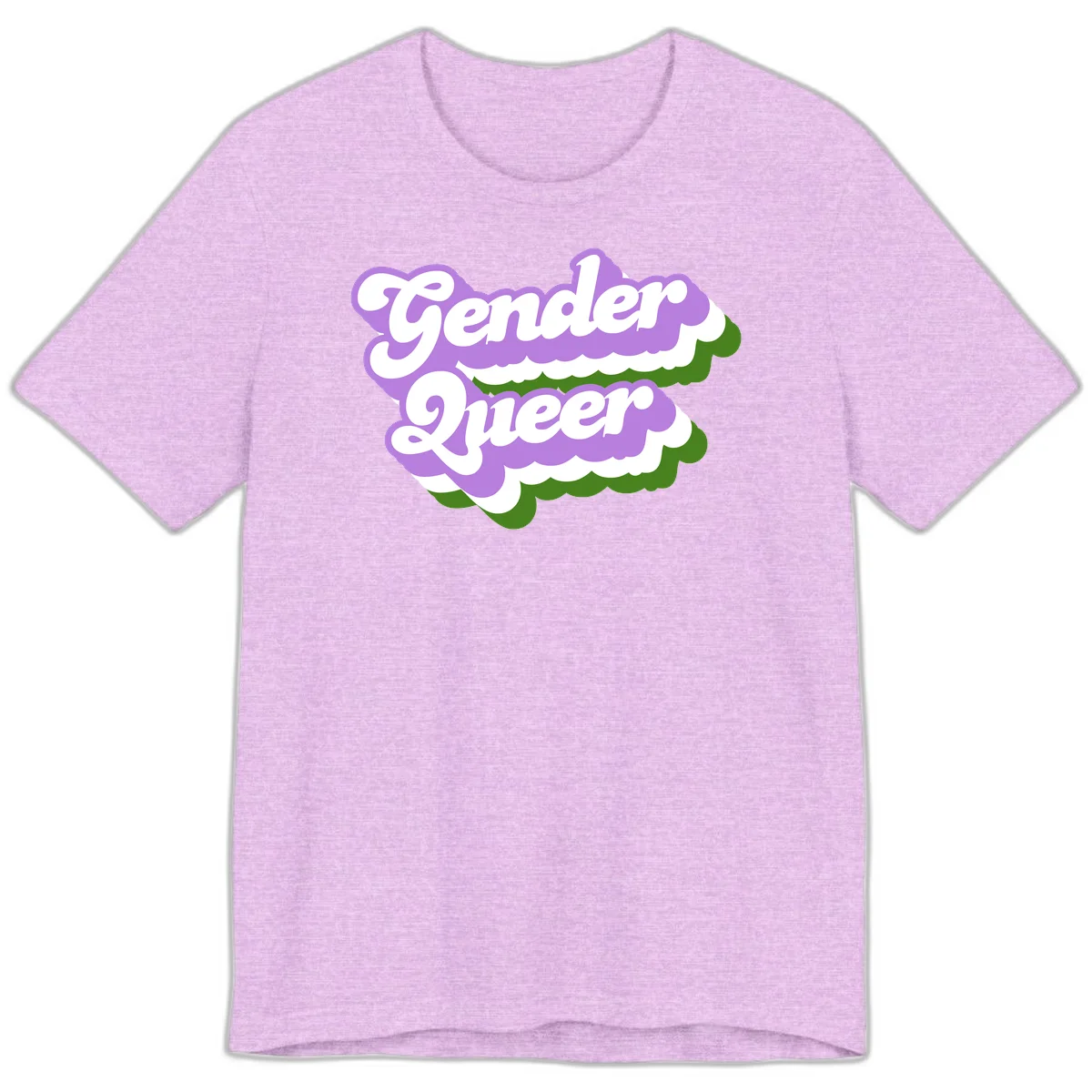 Retro-style gender queer pride design with white text and purple-green scalloped shapes in Heather Prism Lilac