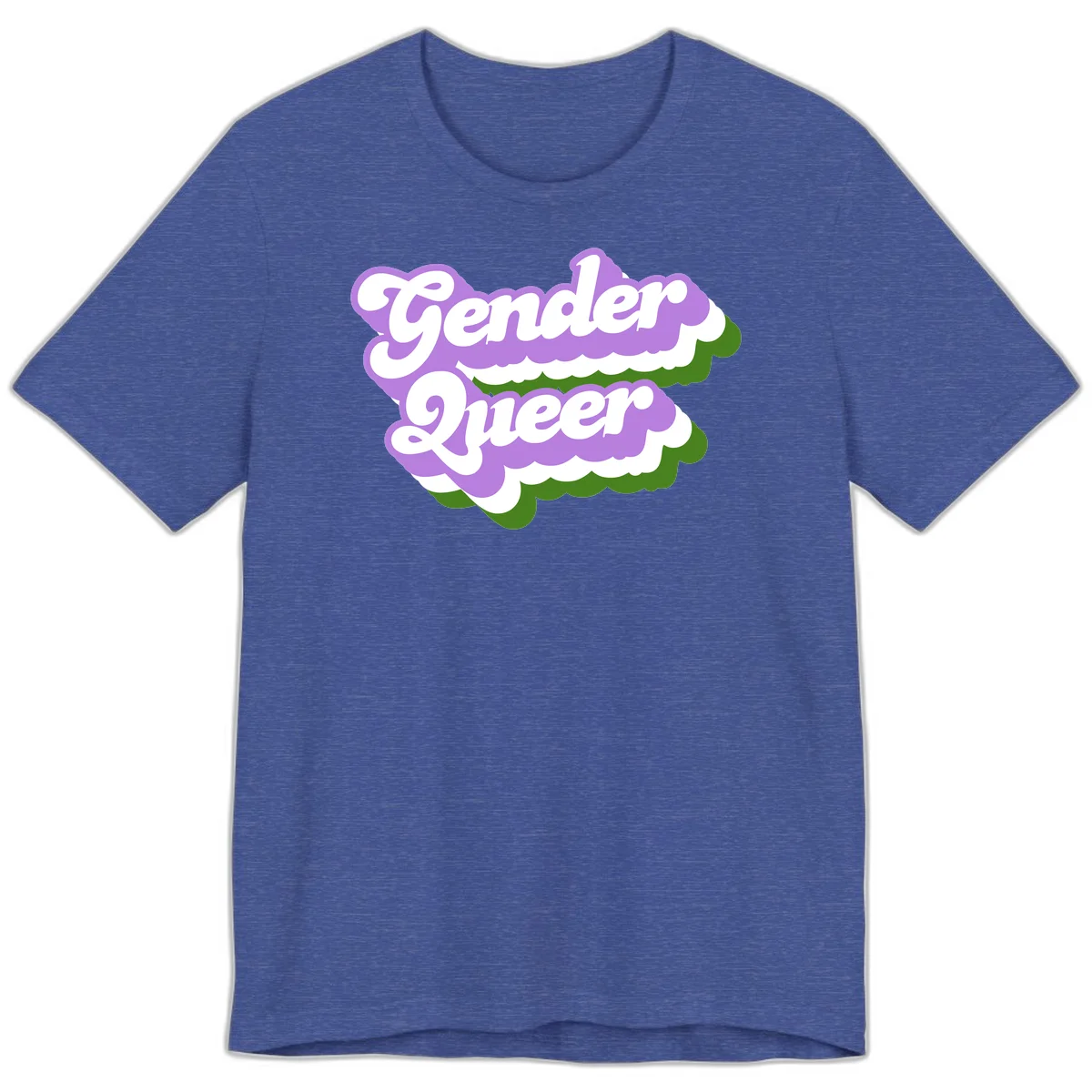 Retro-style gender queer pride design with white text and purple-green scalloped shapes in Heather True Royal