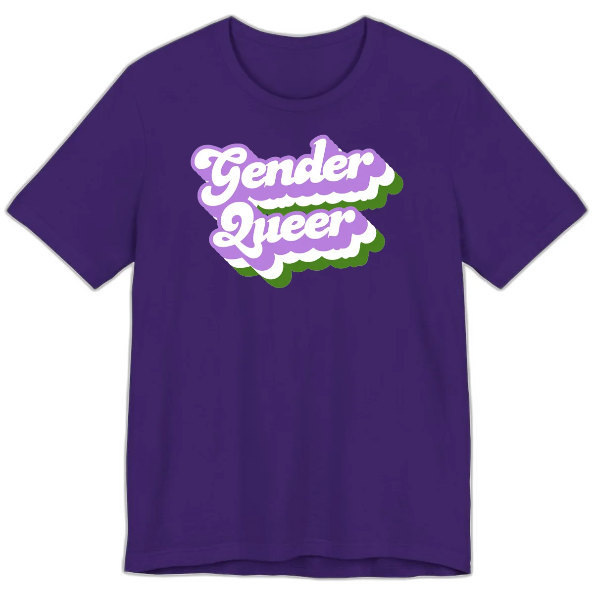 Retro-style gender queer pride design with white text and purple-green scalloped shapes in Team Purple