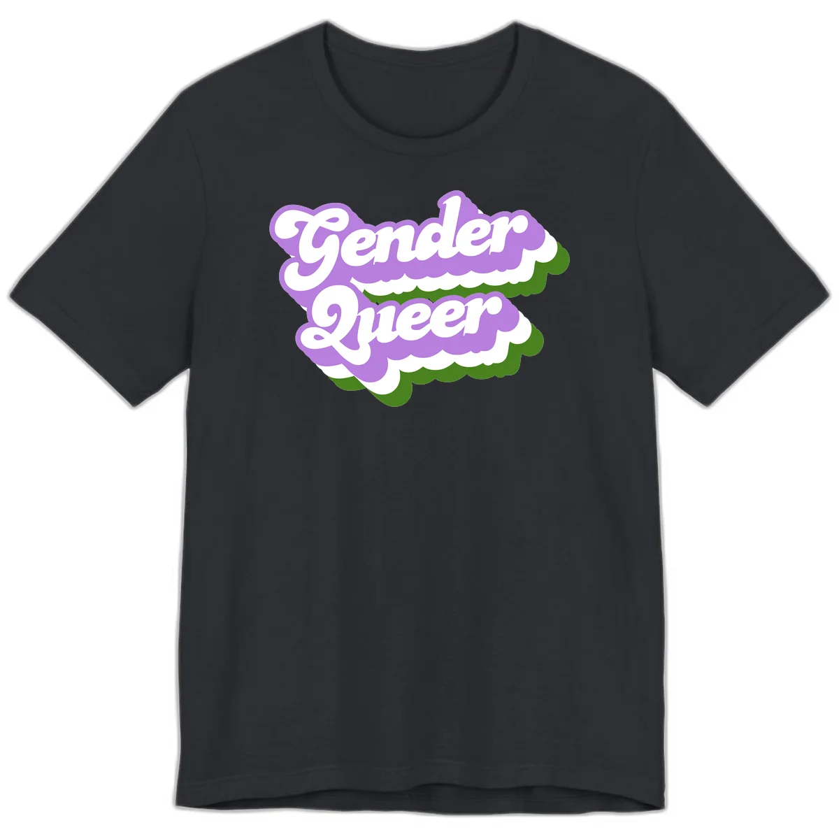 Retro-style gender queer pride design with white text and purple-green scalloped shapes in Vintage Black