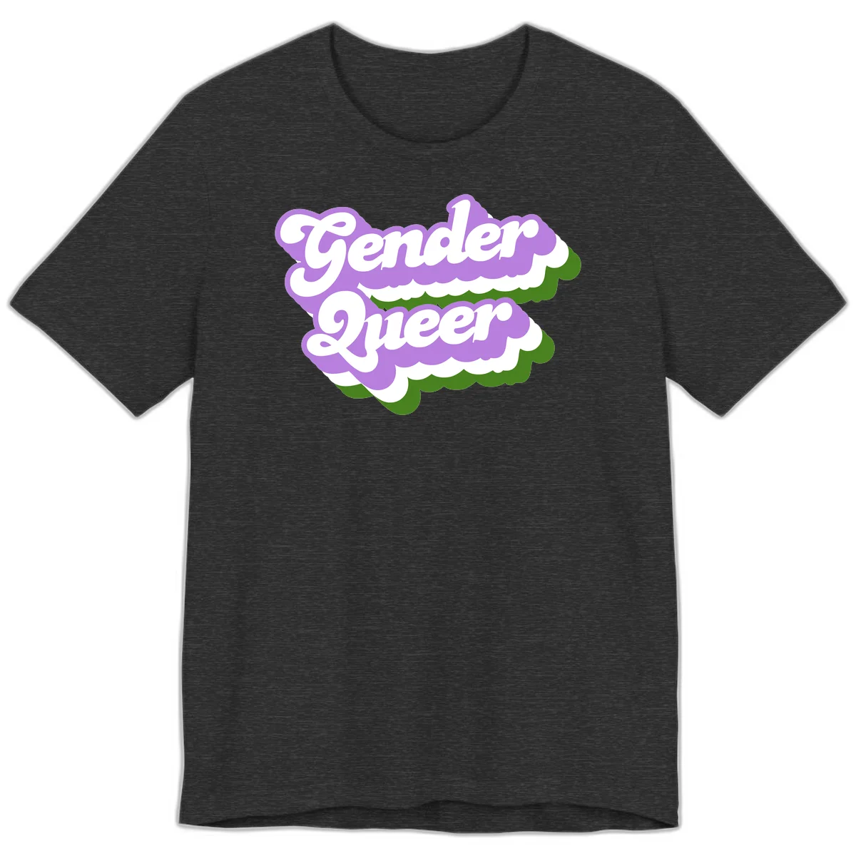 Retro-style gender queer pride design with white text and purple-green scalloped shapes in Dark Grey Heather