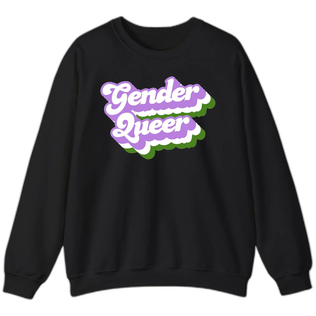 Retro-style gender queer pride design with white text and purple-green scalloped shapes in Black