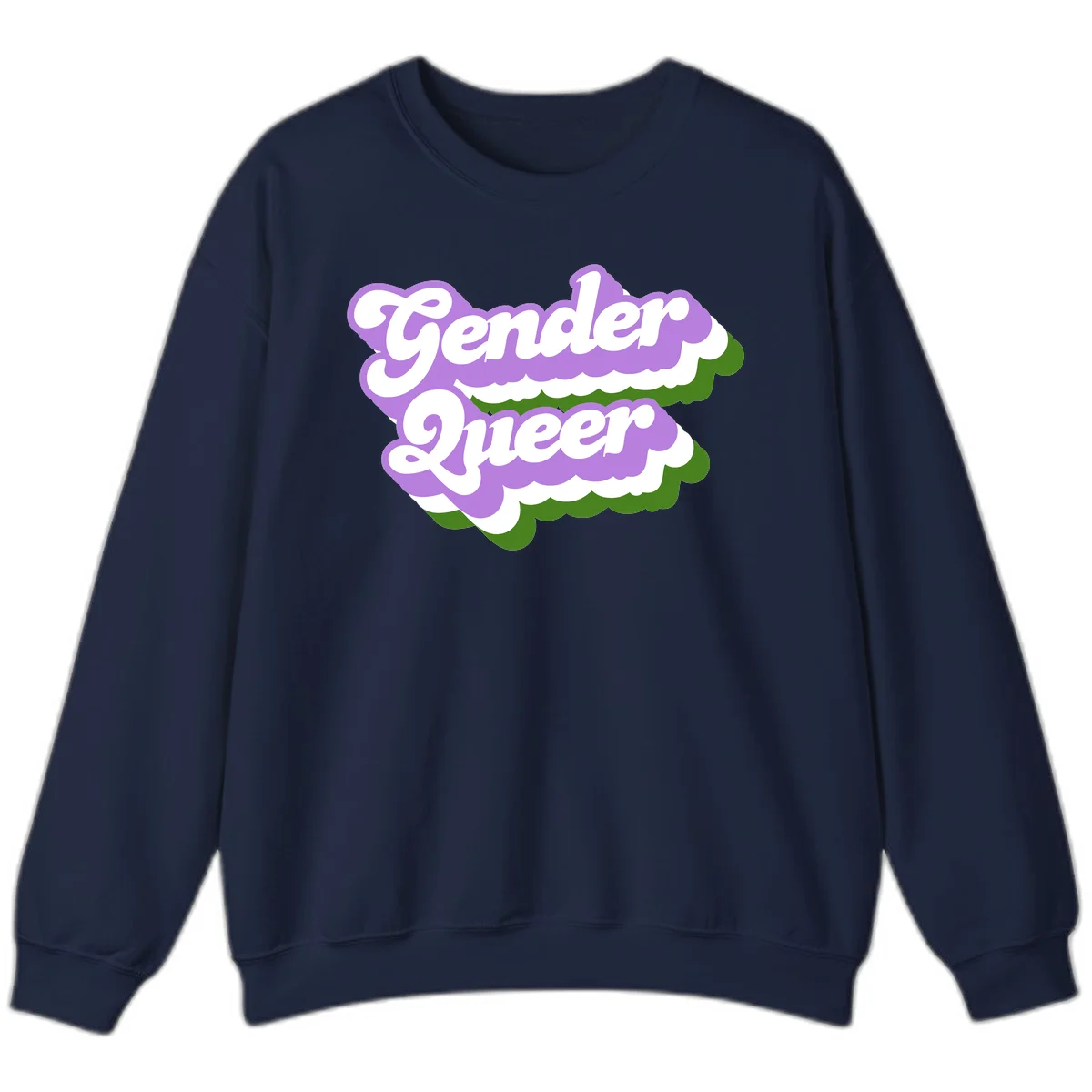 Retro-style gender queer pride design with white text and purple-green scalloped shapes in Navy