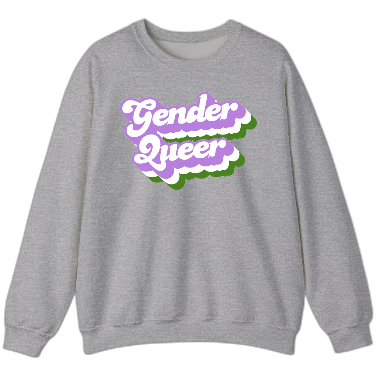 Retro-style gender queer pride design with white text and purple-green scalloped shapes in Sport Grey