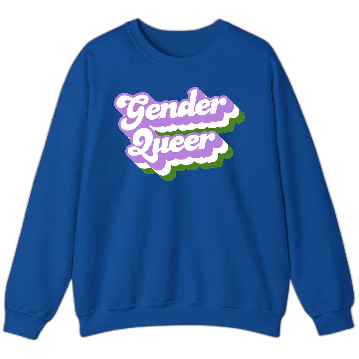 Retro-style gender queer pride design with white text and purple-green scalloped shapes in Royal