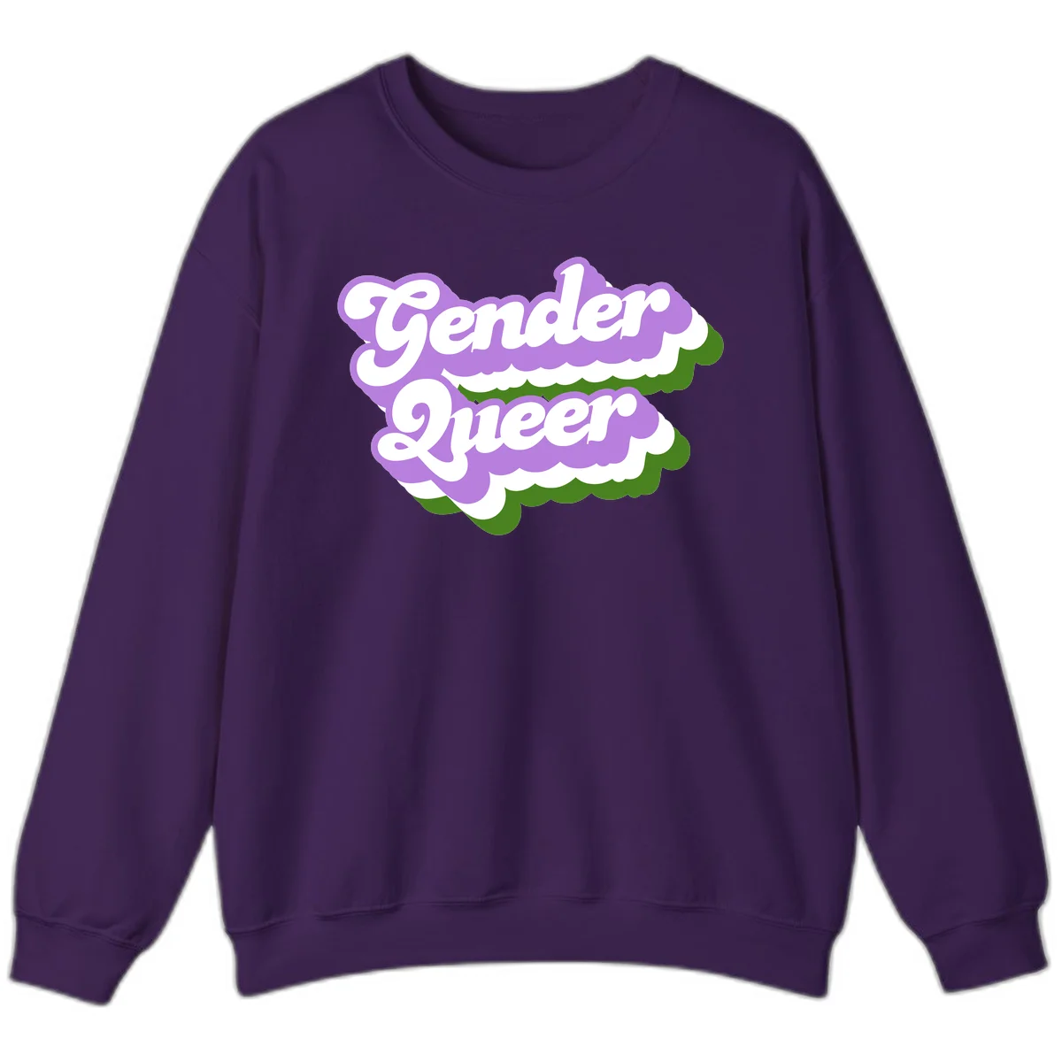Retro-style gender queer pride design with white text and purple-green scalloped shapes in Purple