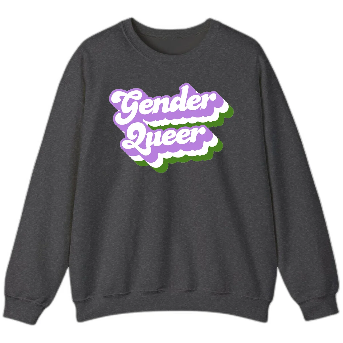 Retro-style gender queer pride design with white text and purple-green scalloped shapes in Dark Heather