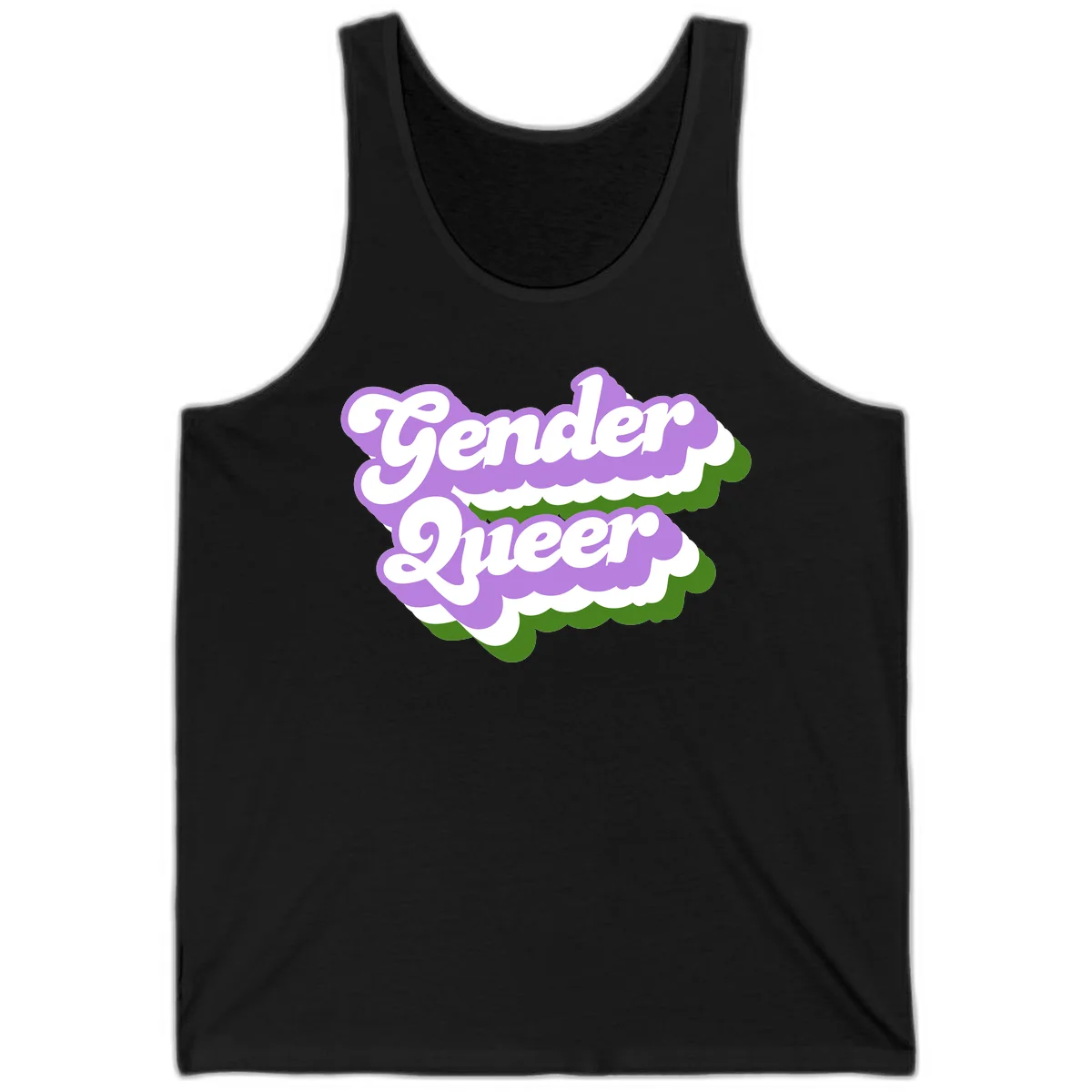 Retro-style gender queer pride design with white text and purple-green scalloped shapes in Black