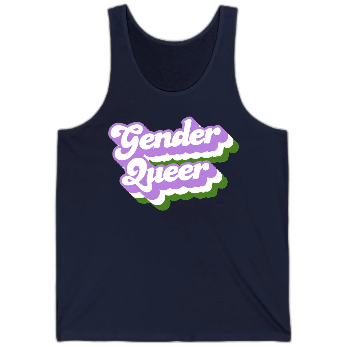 Retro-style gender queer pride design with white text and purple-green scalloped shapes in Navy
