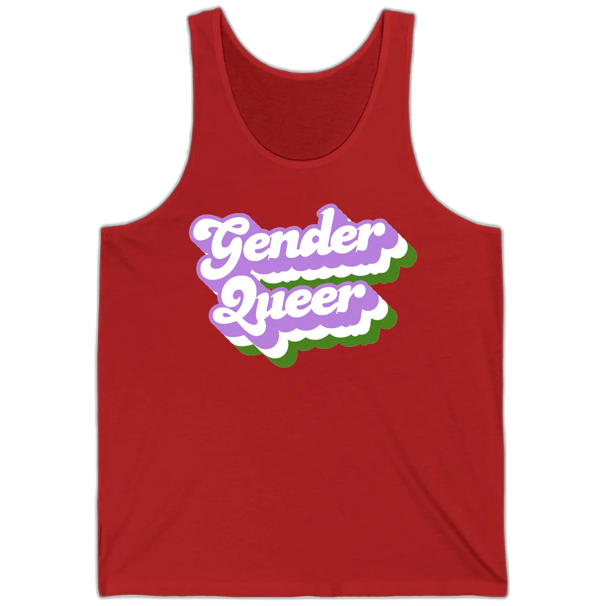Retro-style gender queer pride design with white text and purple-green scalloped shapes in Red