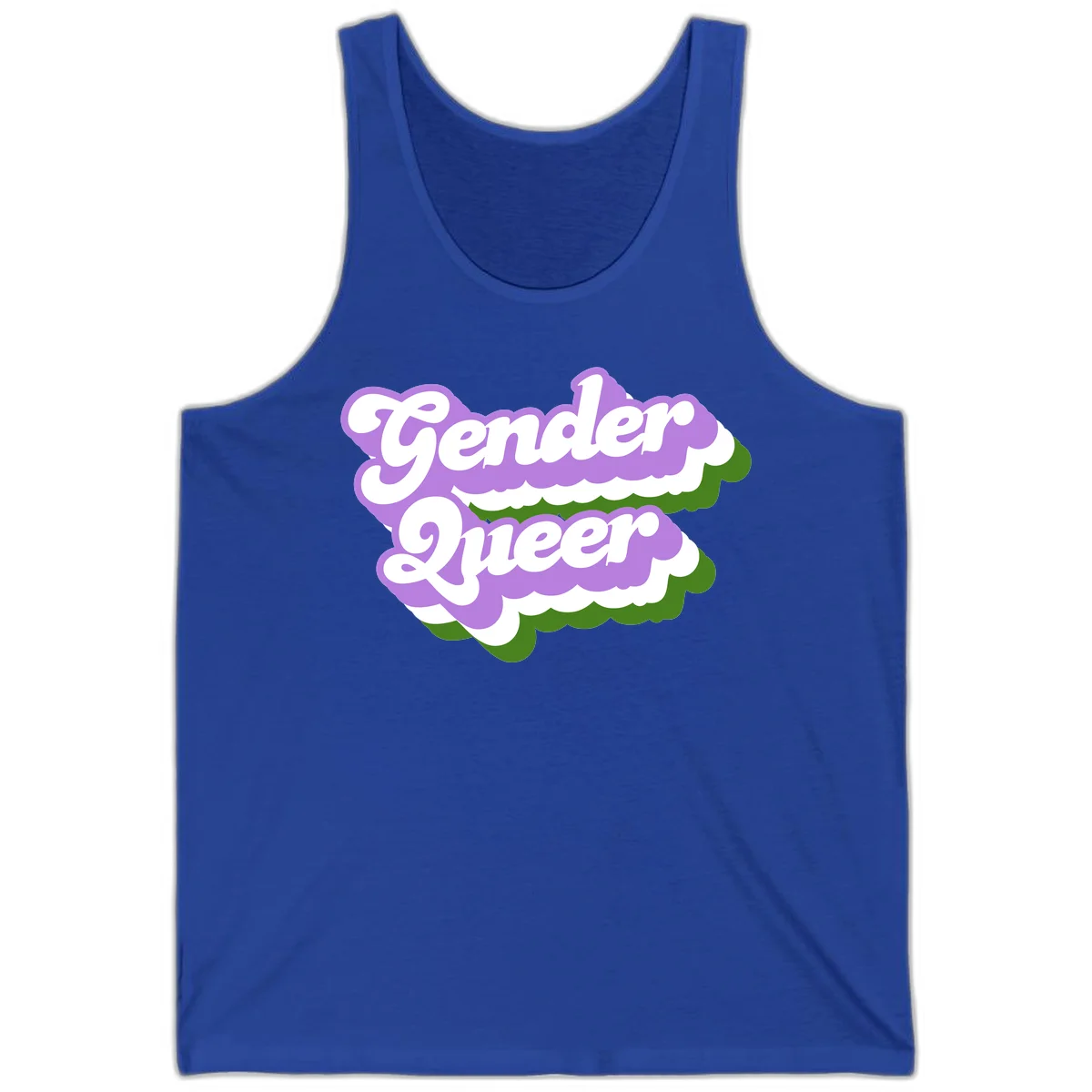 Retro-style gender queer pride design with white text and purple-green scalloped shapes in True Royal