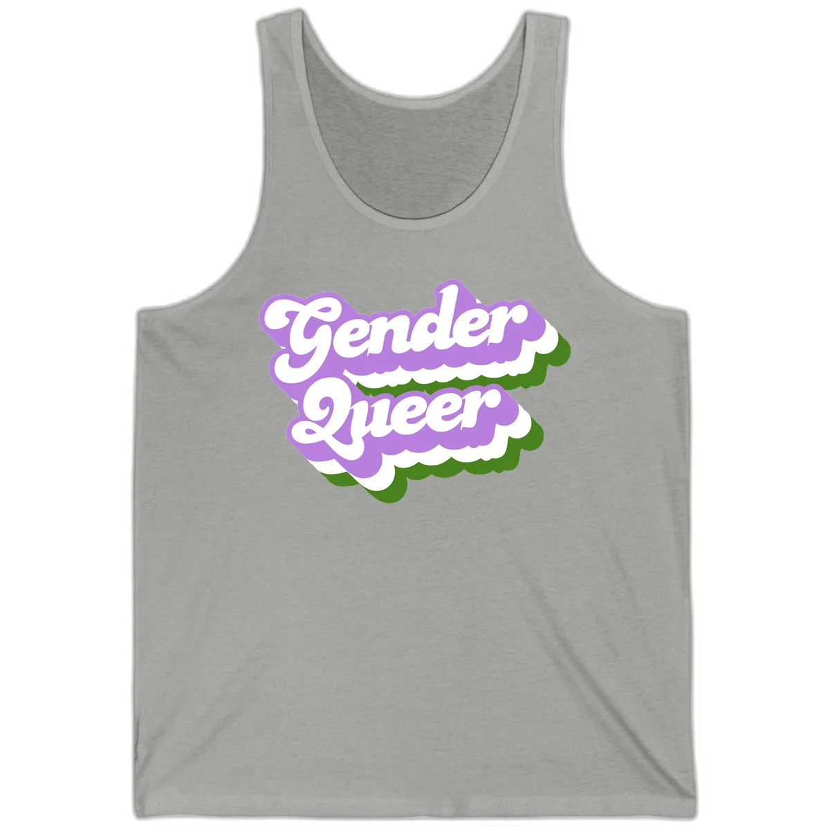 Retro-style gender queer pride design with white text and purple-green scalloped shapes in Athletic Heather