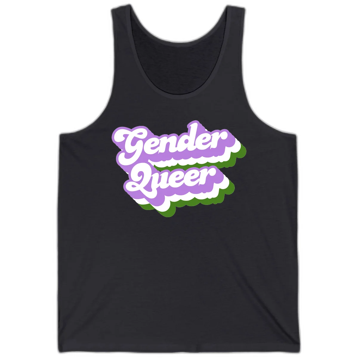 Retro-style gender queer pride design with white text and purple-green scalloped shapes in Dark Grey
