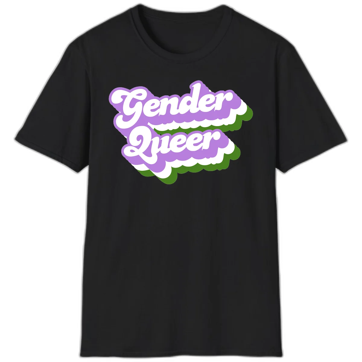Retro-style gender queer pride design with white text and purple-green scalloped shapes in Black