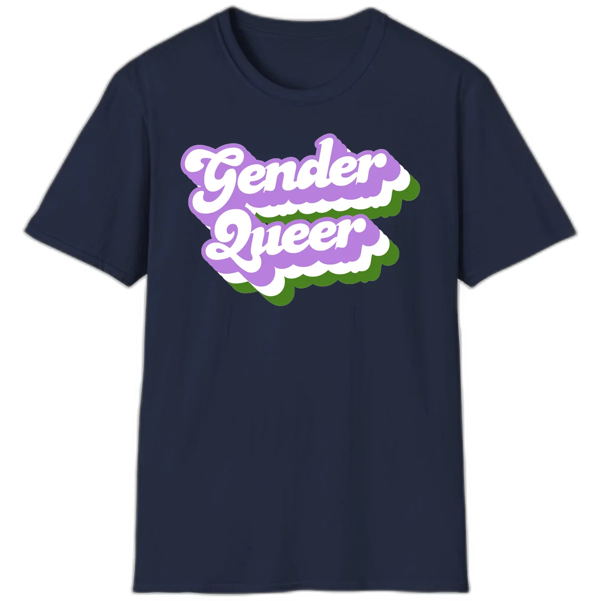 Retro-style gender queer pride design with white text and purple-green scalloped shapes in Navy