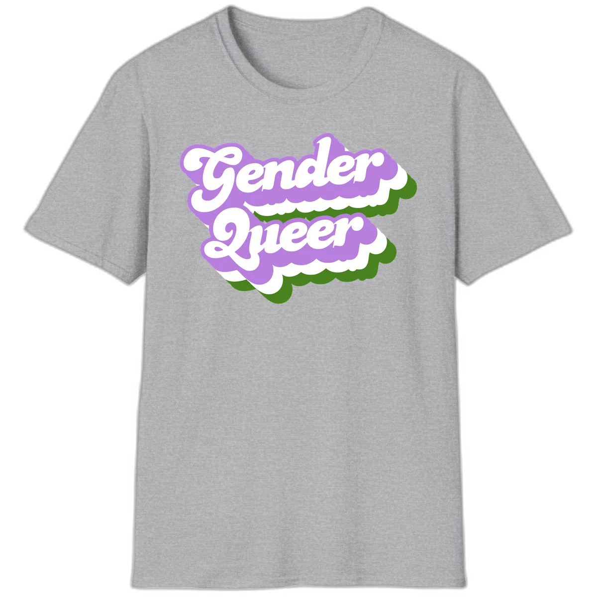 Retro-style gender queer pride design with white text and purple-green scalloped shapes in Sport Grey