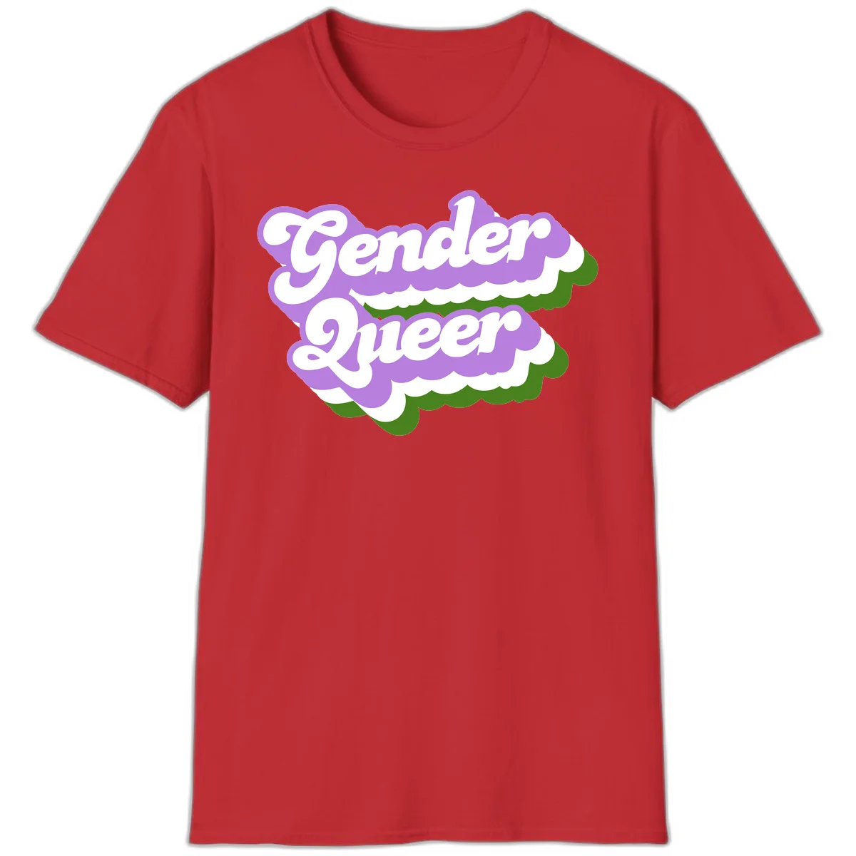 Retro-style gender queer pride design with white text and purple-green scalloped shapes in Red