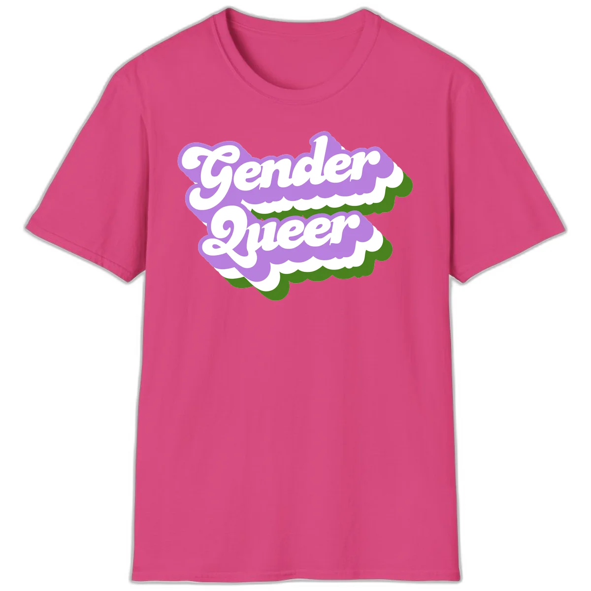 Retro-style gender queer pride design with white text and purple-green scalloped shapes in Heliconia