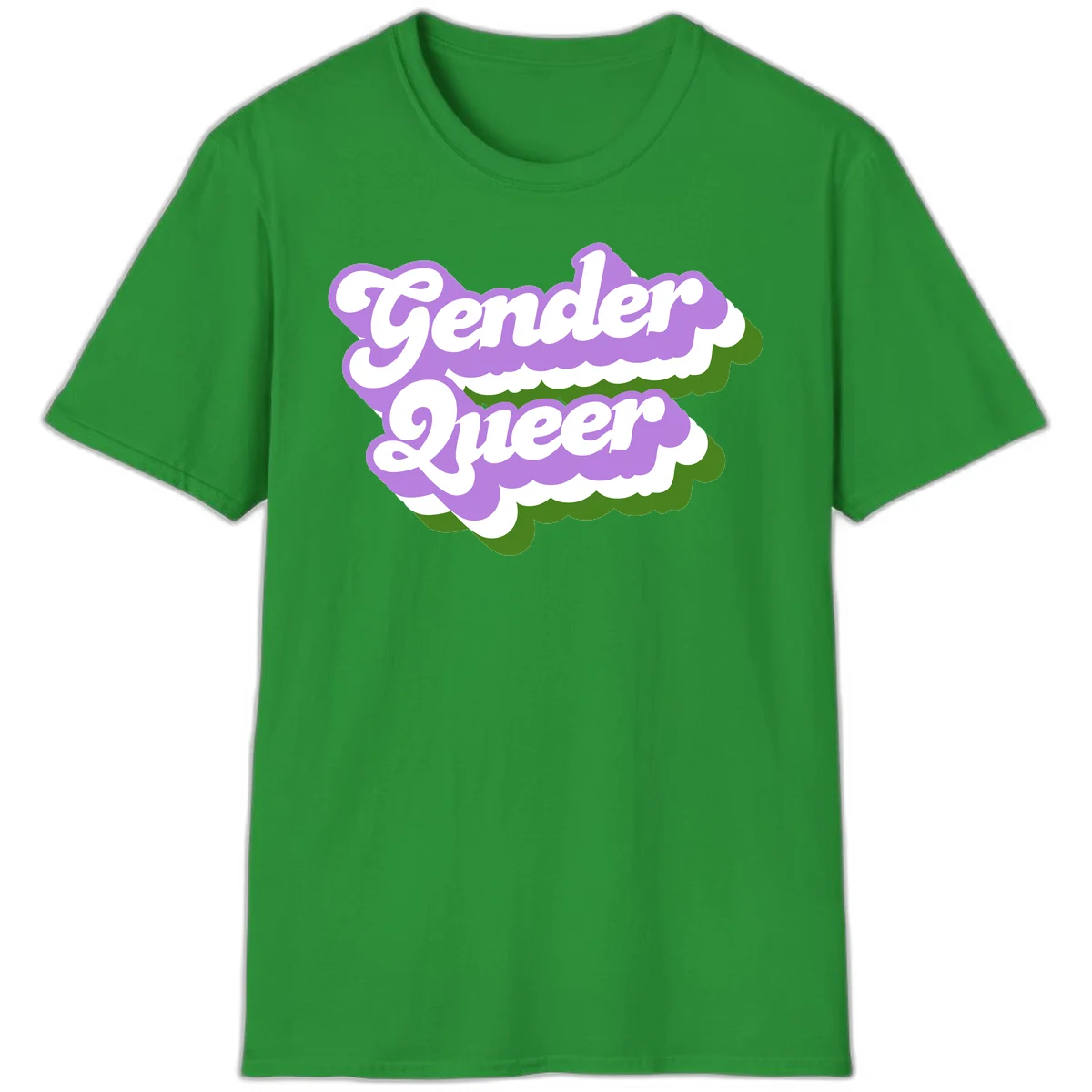 Retro-style gender queer pride design with white text and purple-green scalloped shapes in Irish Green