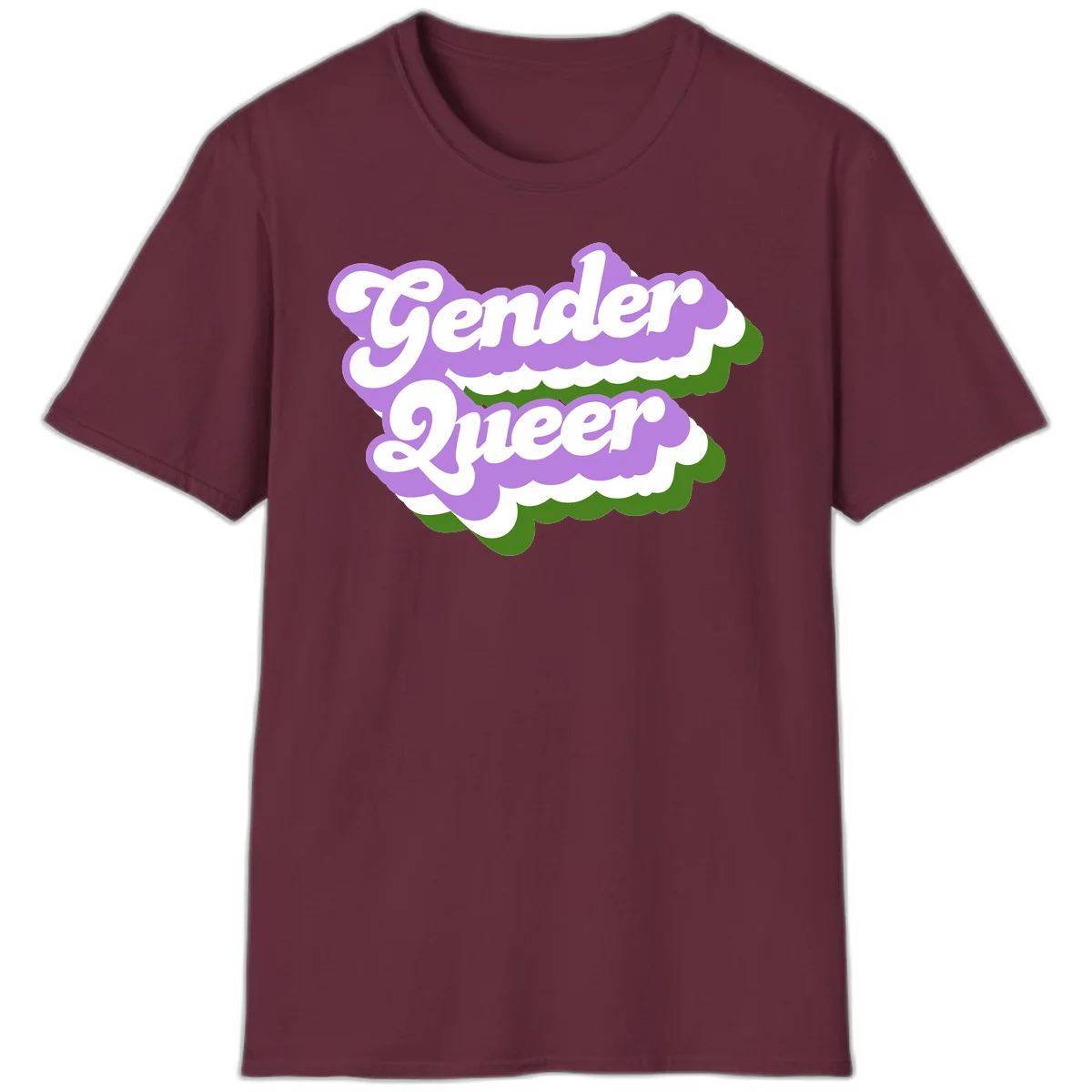 Retro-style gender queer pride design with white text and purple-green scalloped shapes in Maroon