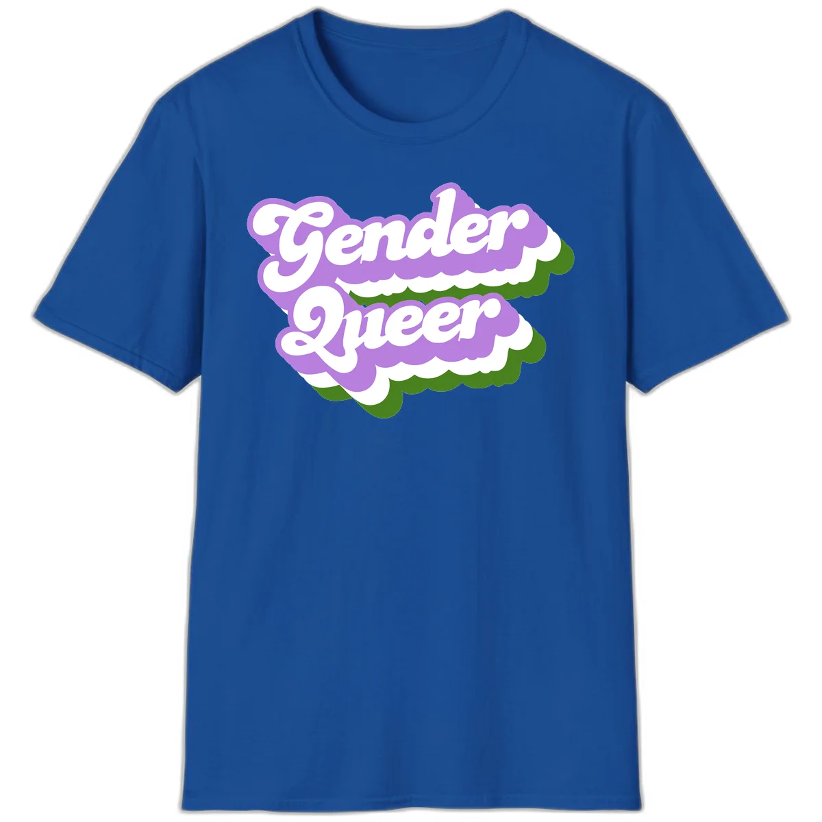 Retro-style gender queer pride design with white text and purple-green scalloped shapes in Royal