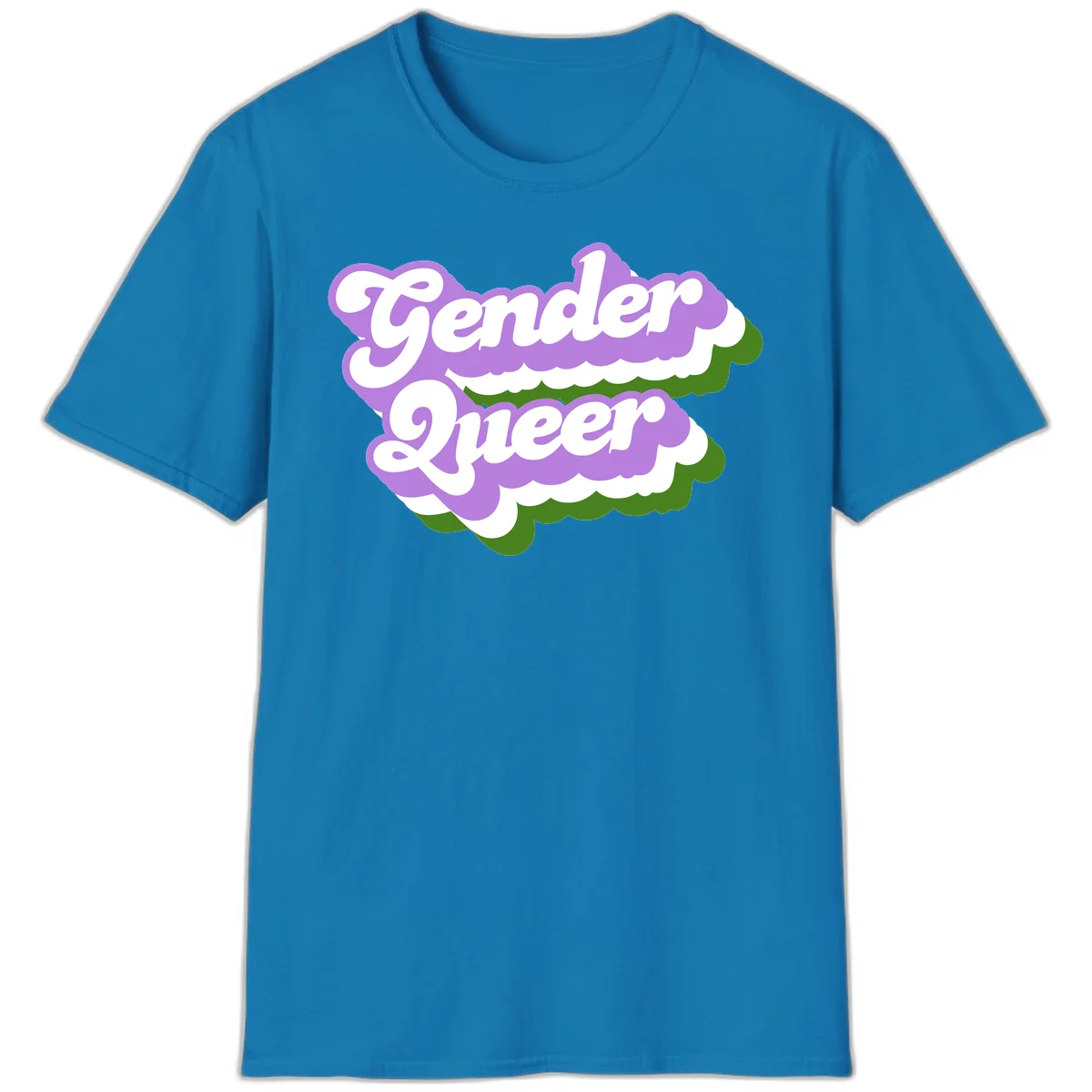 Retro-style gender queer pride design with white text and purple-green scalloped shapes in Sapphire