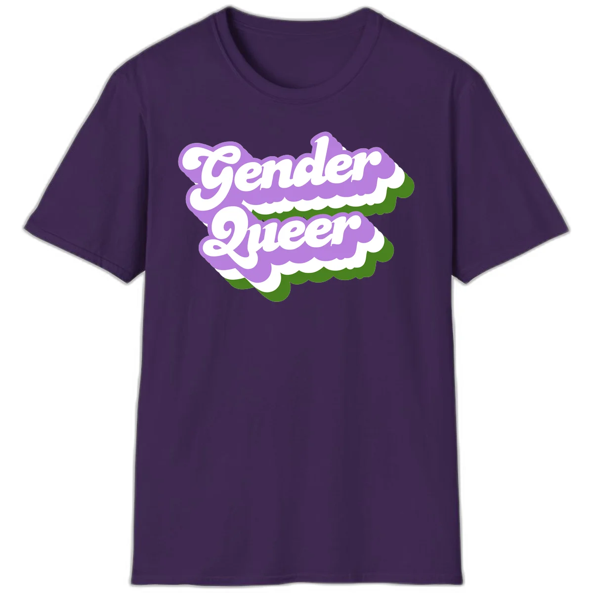 Retro-style gender queer pride design with white text and purple-green scalloped shapes in Purple