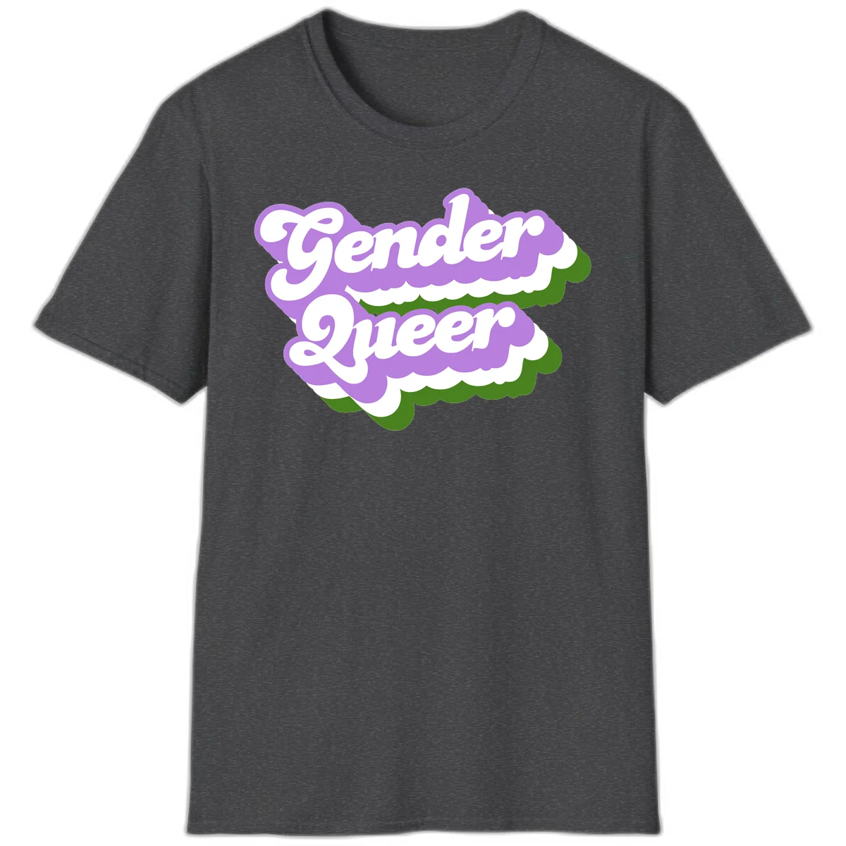 Retro-style gender queer pride design with white text and purple-green scalloped shapes in Dark Heather
