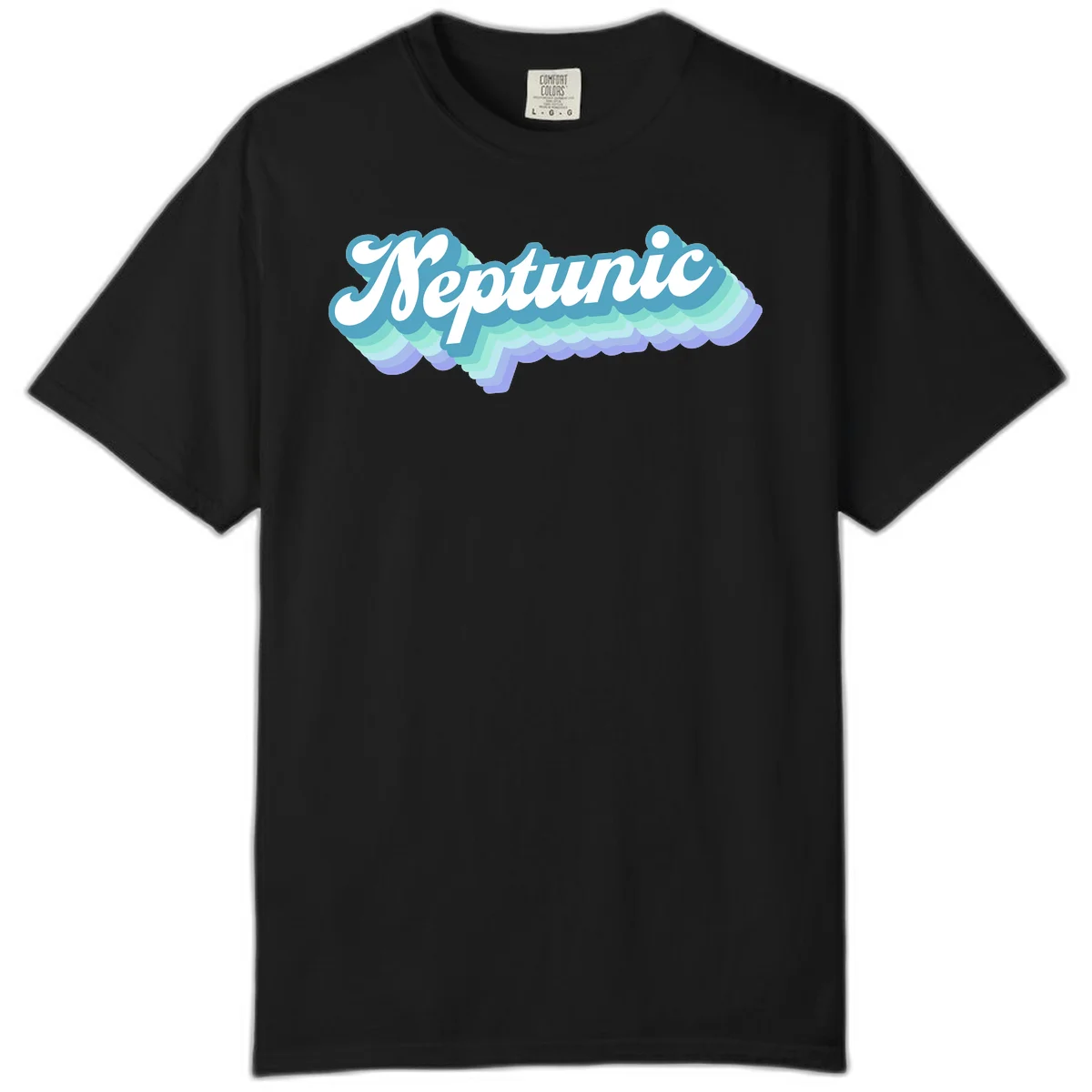 Neptune cloud dreamy design featuring white cursive text over layered teal, cyan, and purple scalloped cloud shapes with gradient background in Black