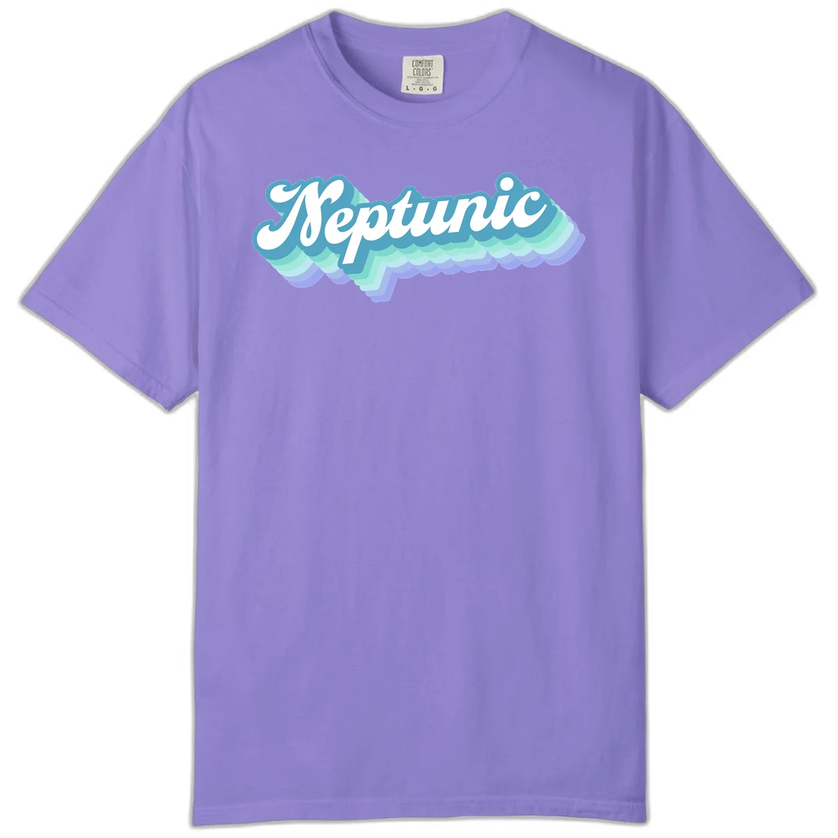 Neptune cloud dreamy design featuring white cursive text over layered teal, cyan, and purple scalloped cloud shapes with gradient background in Violet