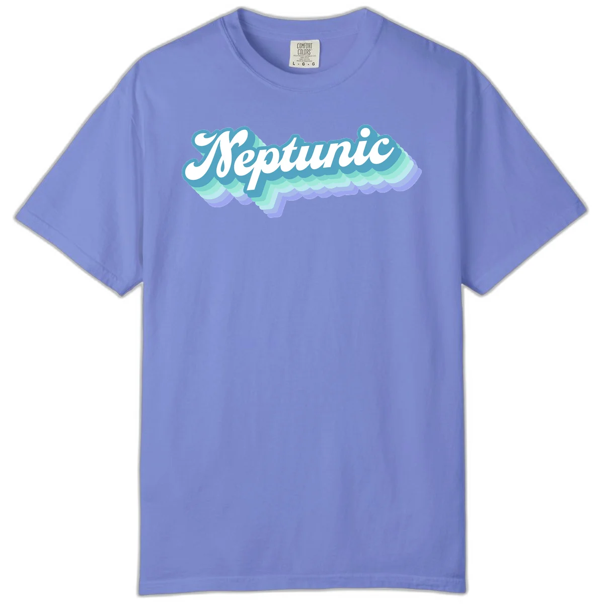 Neptune cloud dreamy design featuring white cursive text over layered teal, cyan, and purple scalloped cloud shapes with gradient background in Flo Blue
