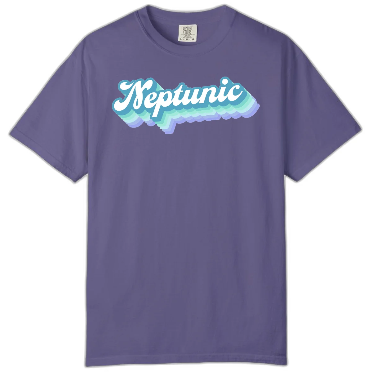 Neptune cloud dreamy design featuring white cursive text over layered teal, cyan, and purple scalloped cloud shapes with gradient background in Grape