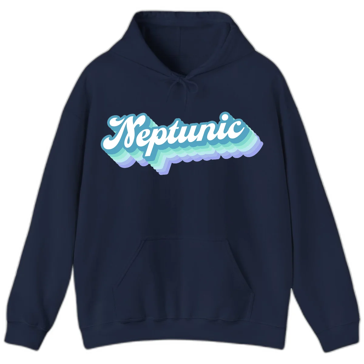 Neptune cloud dreamy design featuring white cursive text over layered teal, cyan, and purple scalloped cloud shapes with gradient background in Navy