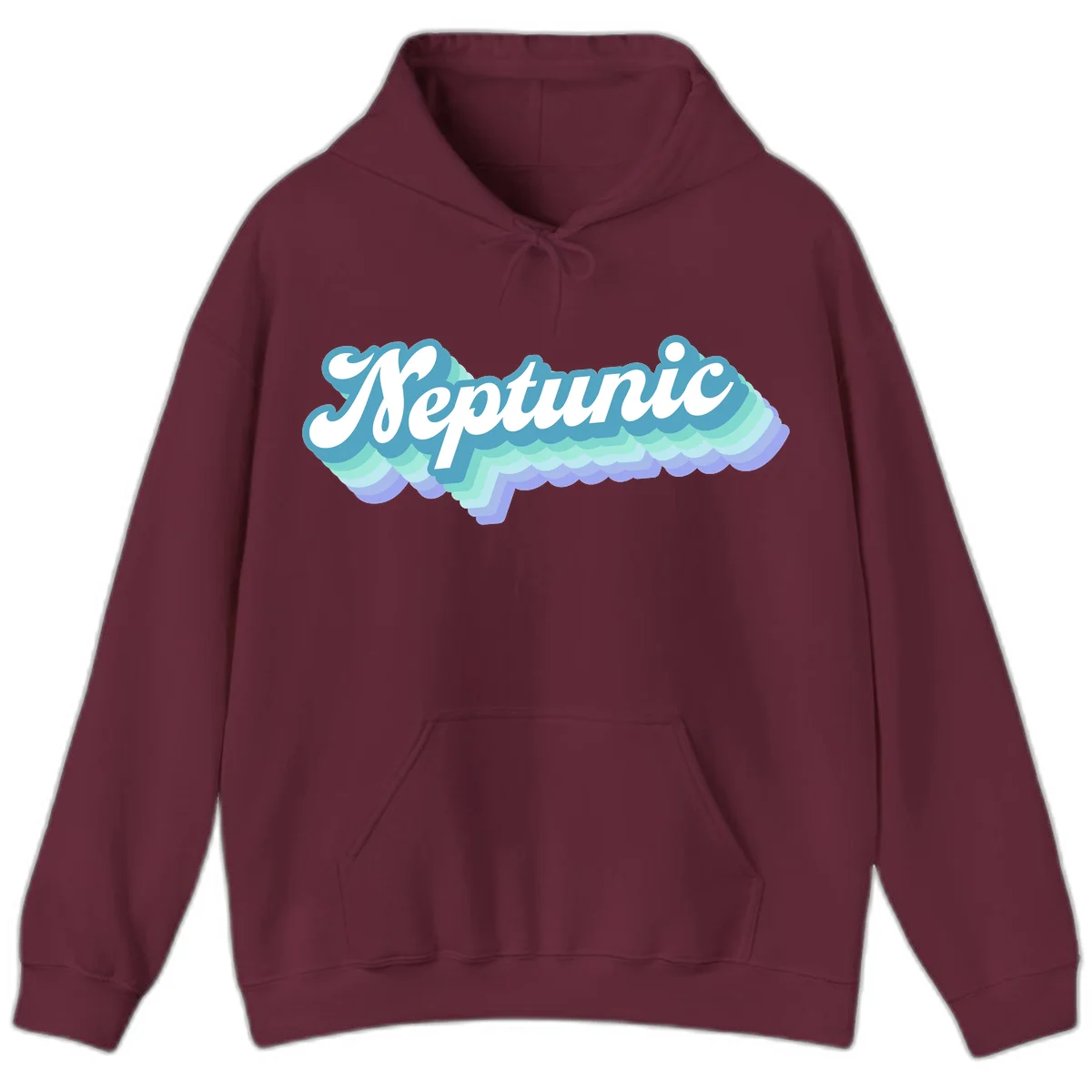 Neptune cloud dreamy design featuring white cursive text over layered teal, cyan, and purple scalloped cloud shapes with gradient background in Maroon