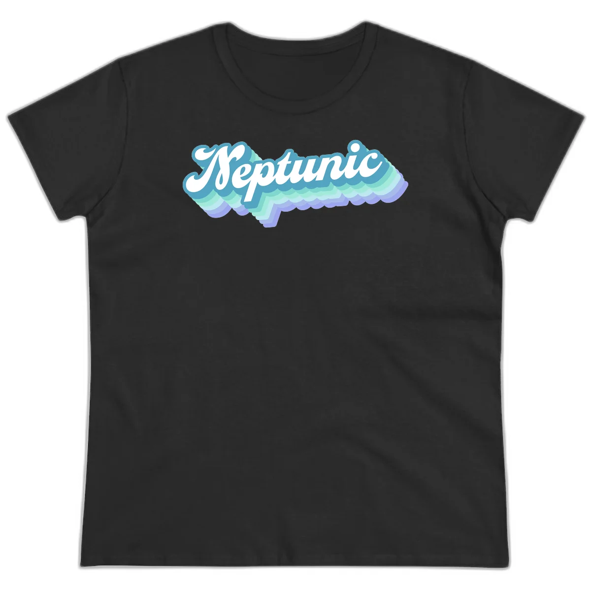 Neptune cloud dreamy design featuring white cursive text over layered teal, cyan, and purple scalloped cloud shapes with gradient background in Black