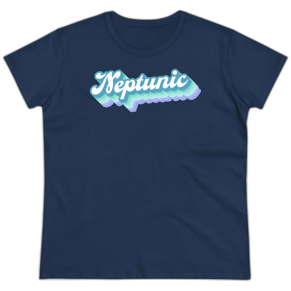 Neptune cloud dreamy design featuring white cursive text over layered teal, cyan, and purple scalloped cloud shapes with gradient background in Navy