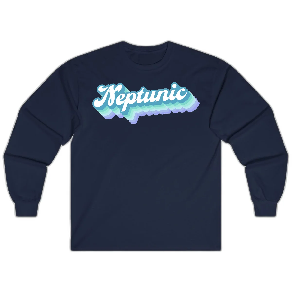 Neptune cloud dreamy design featuring white cursive text over layered teal, cyan, and purple scalloped cloud shapes with gradient background in Navy
