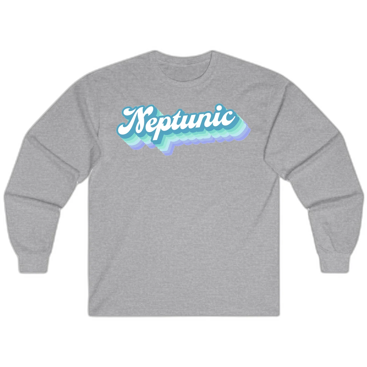 Neptune cloud dreamy design featuring white cursive text over layered teal, cyan, and purple scalloped cloud shapes with gradient background in Sport Grey