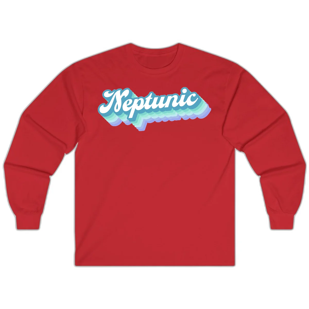 Neptune cloud dreamy design featuring white cursive text over layered teal, cyan, and purple scalloped cloud shapes with gradient background in Red